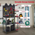 Workbench with Pegboard, Desktop Capicity , Heavy-Duty Steel Garage Workbench- with Hanging Kits and Storage Shelves, for Workshop, Garage