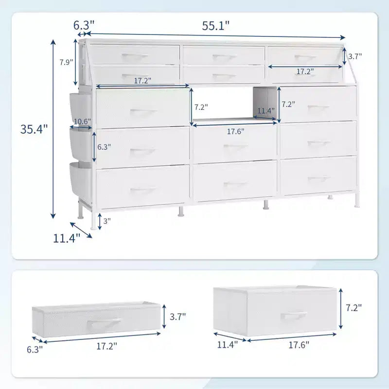 Commode GustoWave pour Chambre à Coucher avec 14 Tiroirs, Commode 55" de Large avec Poche Latérale, Commodes et Chiffonniers en Tissu avec Étagères, Plateau en Bois