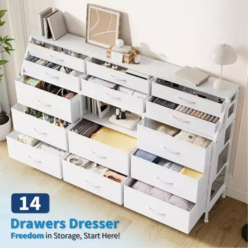 Commode GustoWave pour Chambre à Coucher avec 14 Tiroirs, Commode 55" de Large avec Poche Latérale, Commodes et Chiffonniers en Tissu avec Étagères, Plateau en Bois