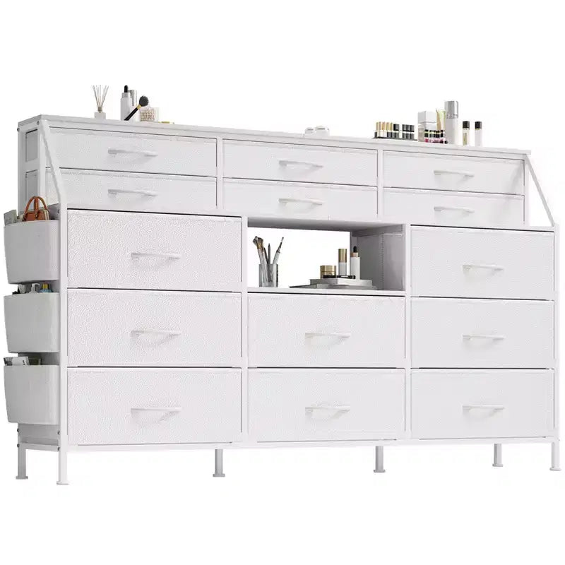 Commode GustoWave pour Chambre à Coucher avec 14 Tiroirs, Commode 55" de Large avec Poche Latérale, Commodes et Chiffonniers en Tissu avec Étagères, Plateau en Bois