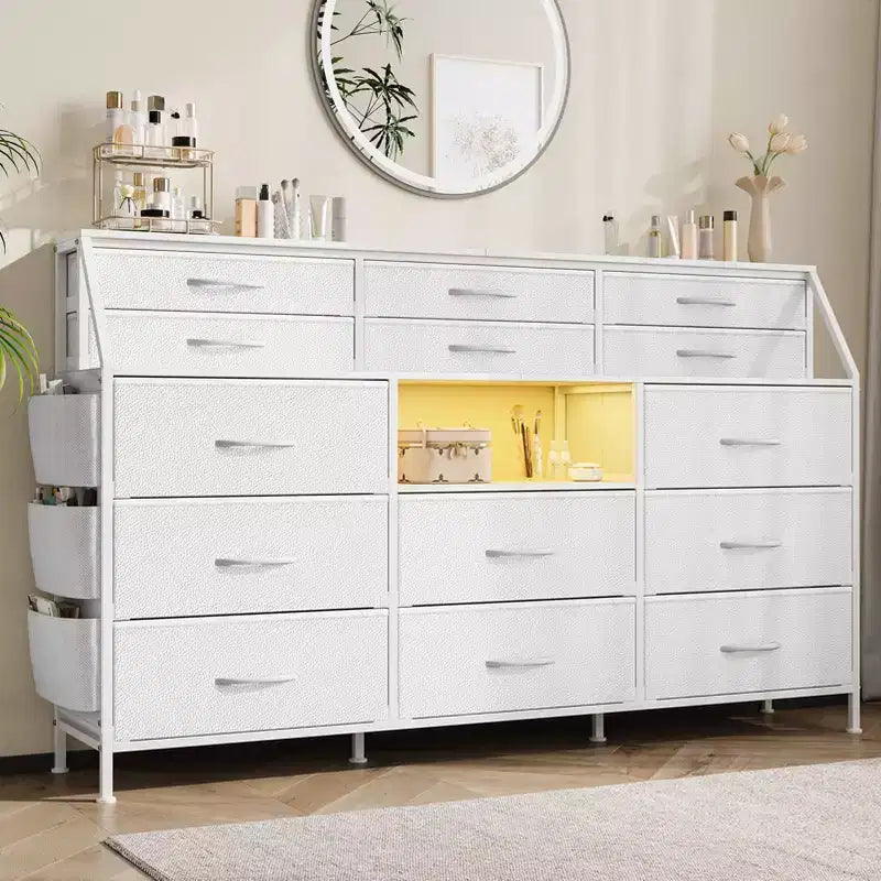 Commode GustoWave pour Chambre à Coucher avec 14 Tiroirs, Commode 55" de Large avec Poche Latérale, Commodes et Chiffonniers en Tissu avec Étagères, Plateau en Bois