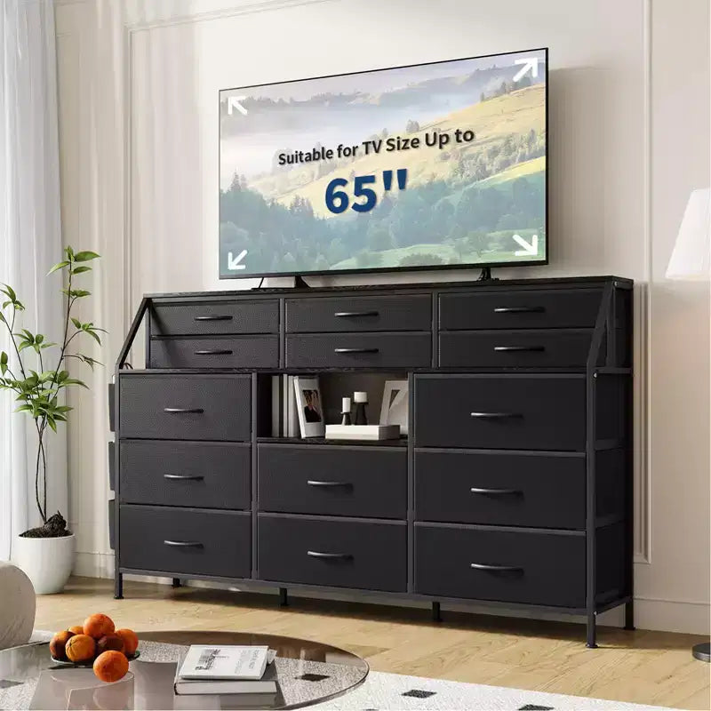 Commode GustoWave pour Chambre à Coucher avec 14 Tiroirs, Commode 55" de Large avec Poche Latérale, Commodes et Chiffonniers en Tissu avec Étagères, Plateau en Bois