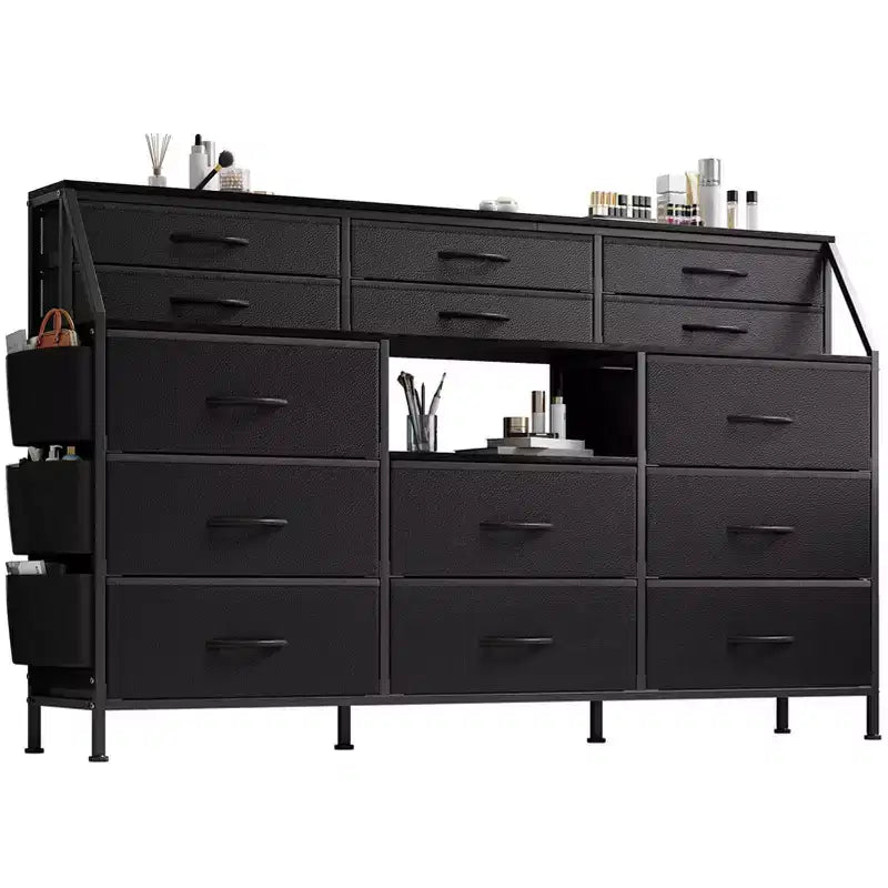 Commode GustoWave pour Chambre à Coucher avec 14 Tiroirs, Commode 55" de Large avec Poche Latérale, Commodes et Chiffonniers en Tissu avec Étagères, Plateau en Bois