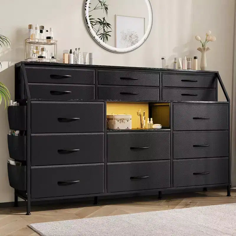 Commode GustoWave pour Chambre à Coucher avec 14 Tiroirs, Commode 55" de Large avec Poche Latérale, Commodes et Chiffonniers en Tissu avec Étagères, Plateau en Bois