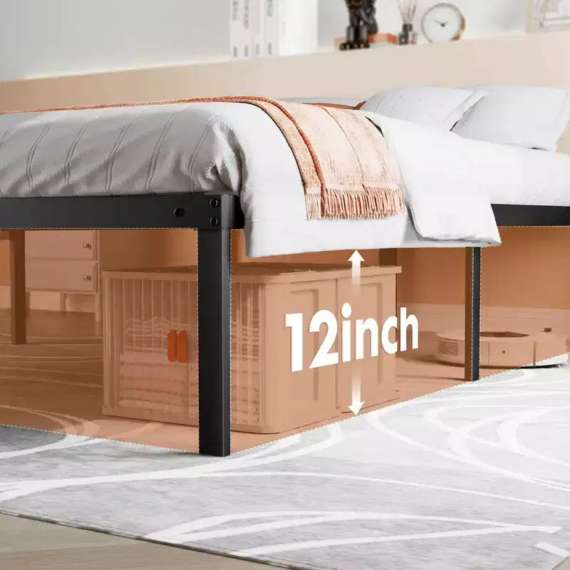 Cadre de lit en métal robuste Alvantor avec support à lattes en acier, aucun sommier tapissier requis, 12 pouces de rangement sous le lit, assemblage rapide, capacité de 300 lb (Grand lit)