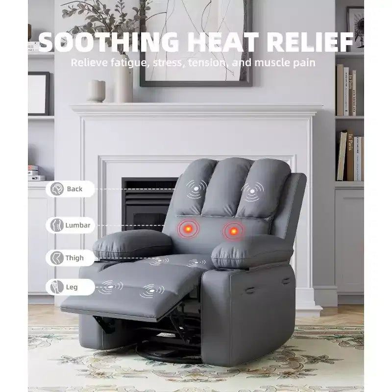 TOPOW Oversized Recliner Chair, 360 Swivel Rocker Recliners with Heat & Massage, Soft High-Density Sponge Recliner with Cup Holder & Side Pocket