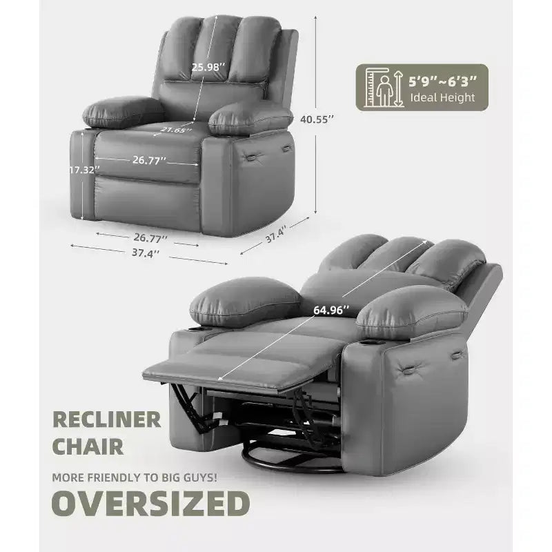 TOPOW Oversized Recliner Chair, 360 Swivel Rocker Recliners with Heat & Massage, Soft High-Density Sponge Recliner with Cup Holder & Side Pocket