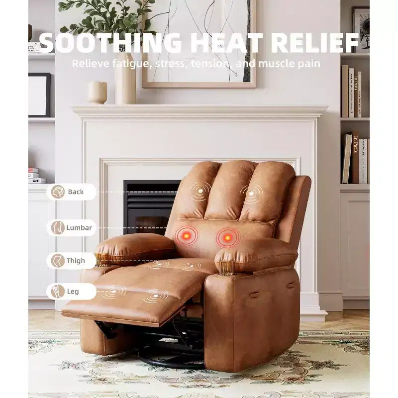 TOPOW Oversized Recliner Chair, 360 Swivel Rocker Recliners with Heat & Massage, Soft High-Density Sponge Recliner with Cup Holder & Side Pocket