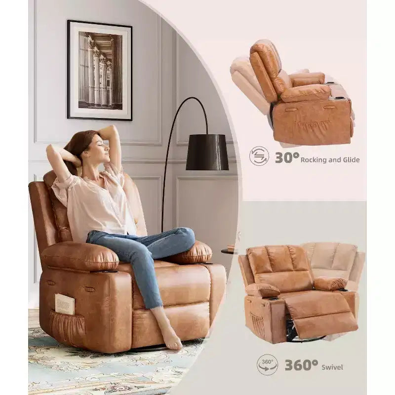 TOPOW Oversized Recliner Chair, 360 Swivel Rocker Recliners with Heat & Massage, Soft High-Density Sponge Recliner with Cup Holder & Side Pocket