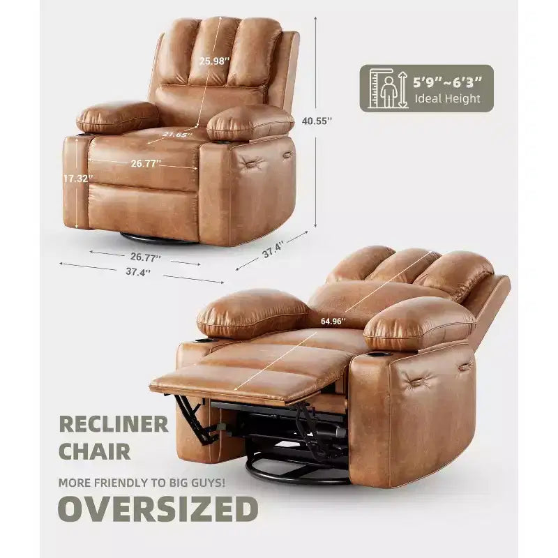 TOPOW Oversized Recliner Chair, 360 Swivel Rocker Recliners with Heat & Massage, Soft High-Density Sponge Recliner with Cup Holder & Side Pocket