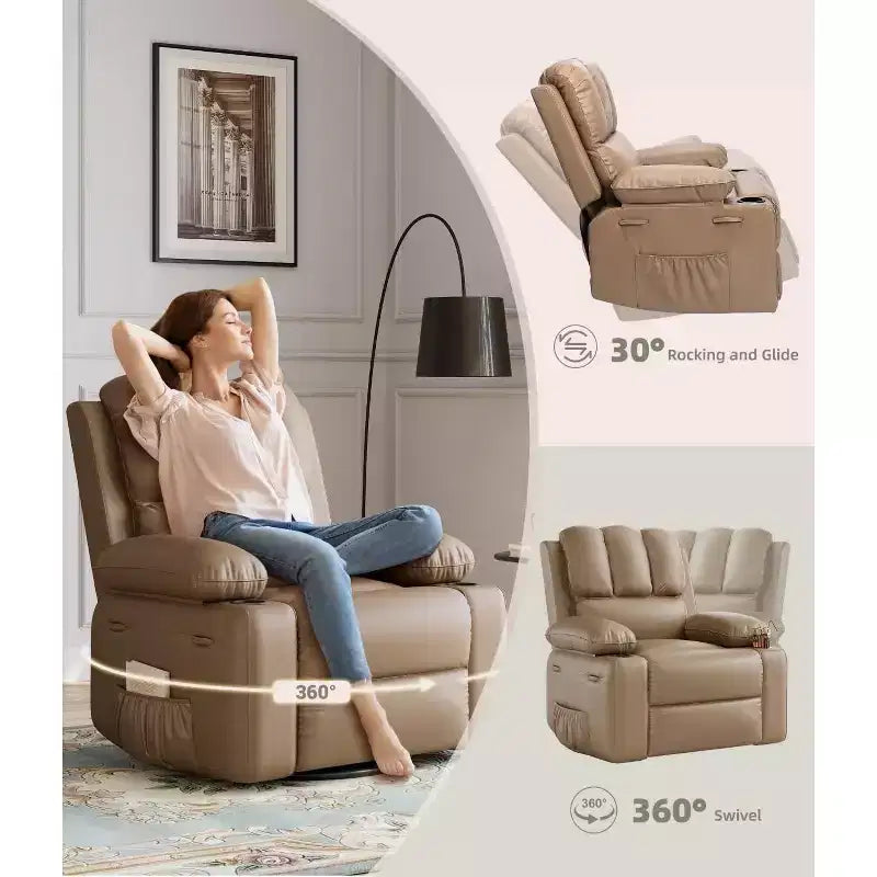 TOPOW Oversized Recliner Chair, 360 Swivel Rocker Recliners with Heat & Massage, Soft High-Density Sponge Recliner with Cup Holder & Side Pocket