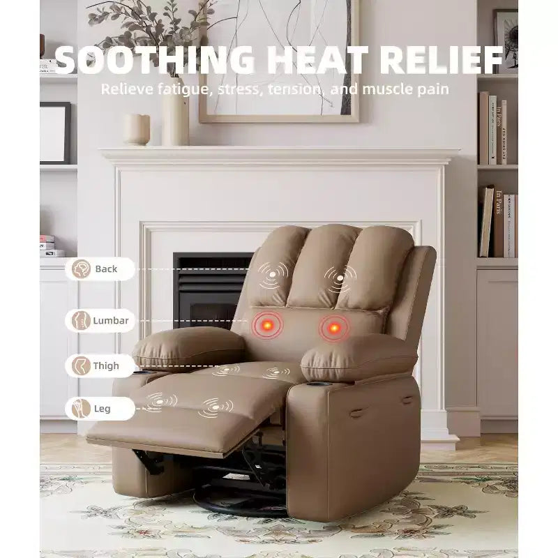TOPOW Oversized Recliner Chair, 360 Swivel Rocker Recliners with Heat & Massage, Soft High-Density Sponge Recliner with Cup Holder & Side Pocket