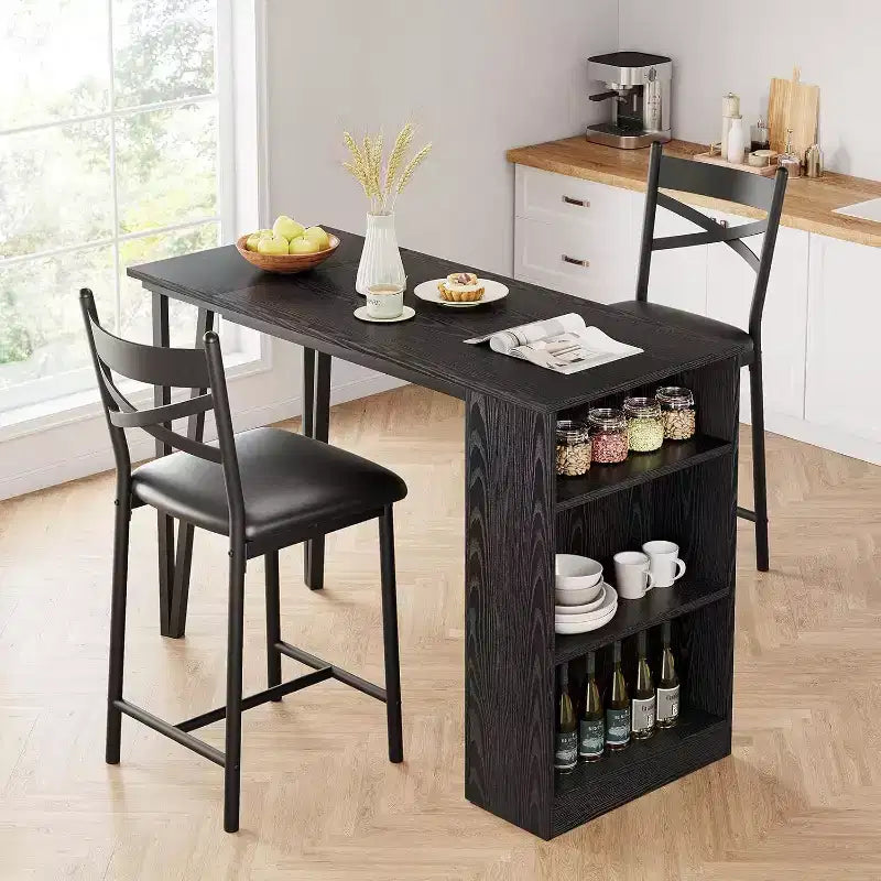 Acekool 3-Piece 36in Counter Height Dining Table Set with 2 Barstools & Storage Shelves, Drop Leaf Space Saving Kitchen Nook