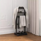 Porte-vêtements portable en bois, Valet de costume 5-en-1 avec étagère à chaussures, cintre et plateau supérieur, 120 cm de haut, noir