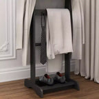 Porte-vêtements portable en bois, Valet de costume 5-en-1 avec étagère à chaussures, cintre et plateau supérieur, 120 cm de haut, noir