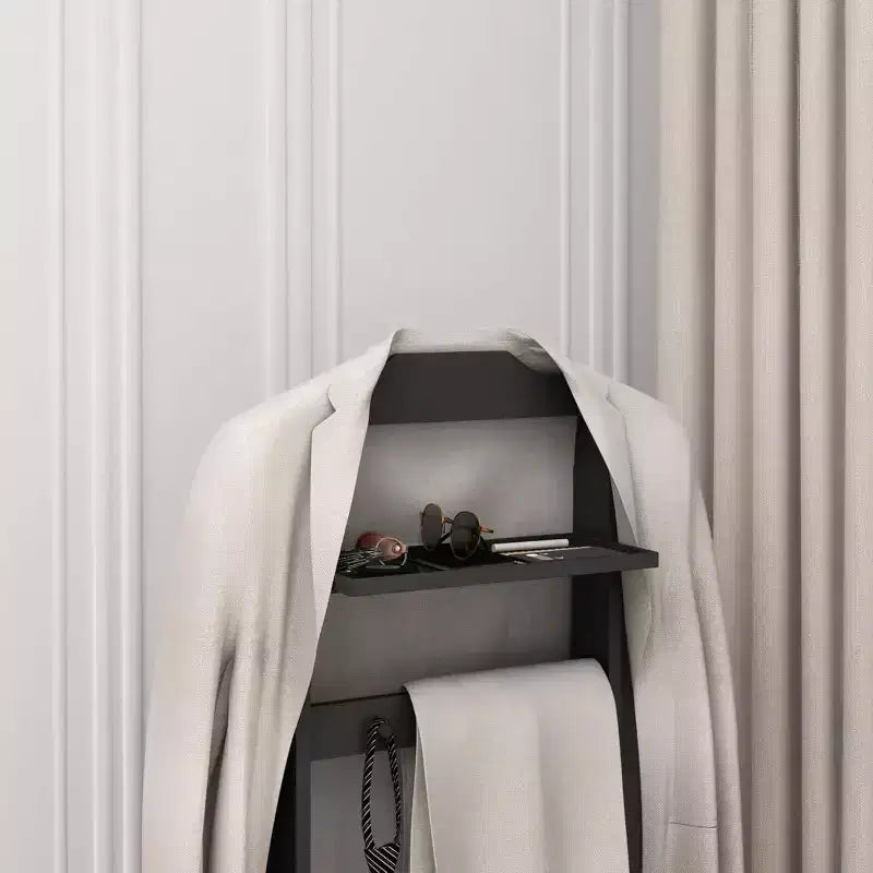 Porte-vêtements portable en bois, Valet de costume 5-en-1 avec étagère à chaussures, cintre et plateau supérieur, 120 cm de haut, noir