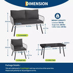 4Pcs Iron Frame Wicker Sofa Set - 2 Single Chairs, 1 Double Sofa, 1 Coffee Table, Diamond Weave Pattern, Modern Patio Furniture