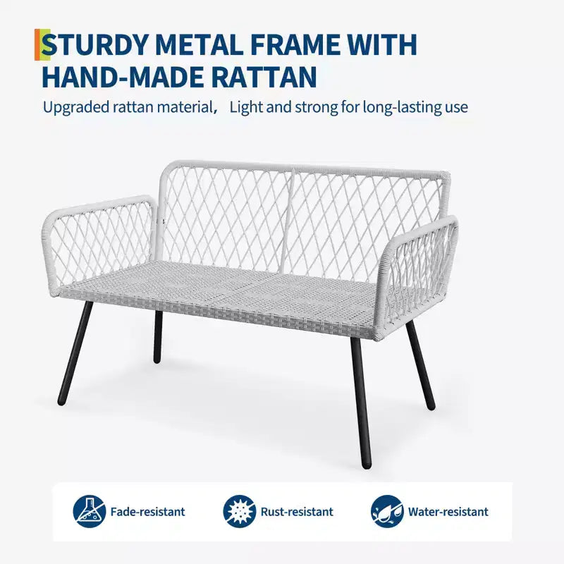 4Pcs Iron Frame Wicker Sofa Set - 2 Single Chairs, 1 Double Sofa, 1 Coffee Table, Diamond Weave Pattern, Modern Patio Furniture
