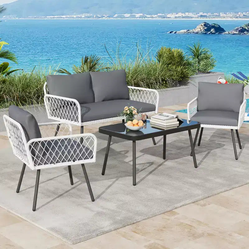 4Pcs Iron Frame Wicker Sofa Set - 2 Single Chairs, 1 Double Sofa, 1 Coffee Table, Diamond Weave Pattern, Modern Patio Furniture