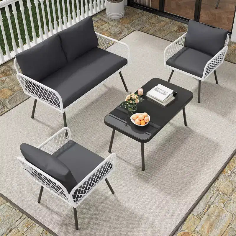 4Pcs Iron Frame Wicker Sofa Set - 2 Single Chairs, 1 Double Sofa, 1 Coffee Table, Diamond Weave Pattern, Modern Patio Furniture