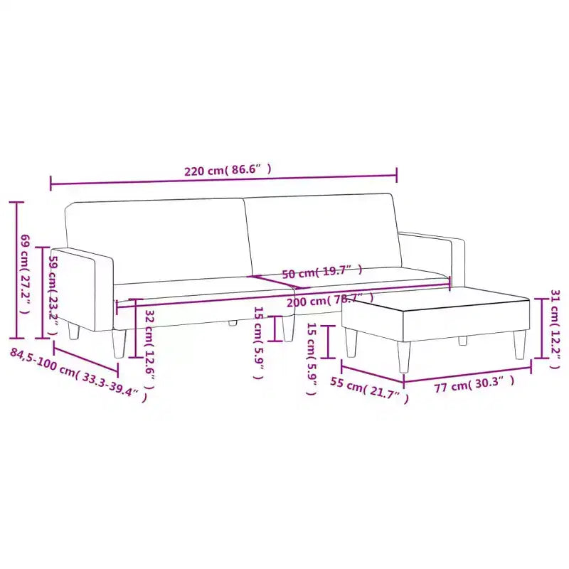 vidaXL Canapé-lit convertible 2 places en velours gris foncé avec pouf – Lit double souple, dossier réglable, cadre en bois robuste