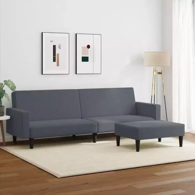 vidaXL Canapé-lit convertible 2 places en velours gris foncé avec pouf – Lit double souple, dossier réglable, cadre en bois robuste