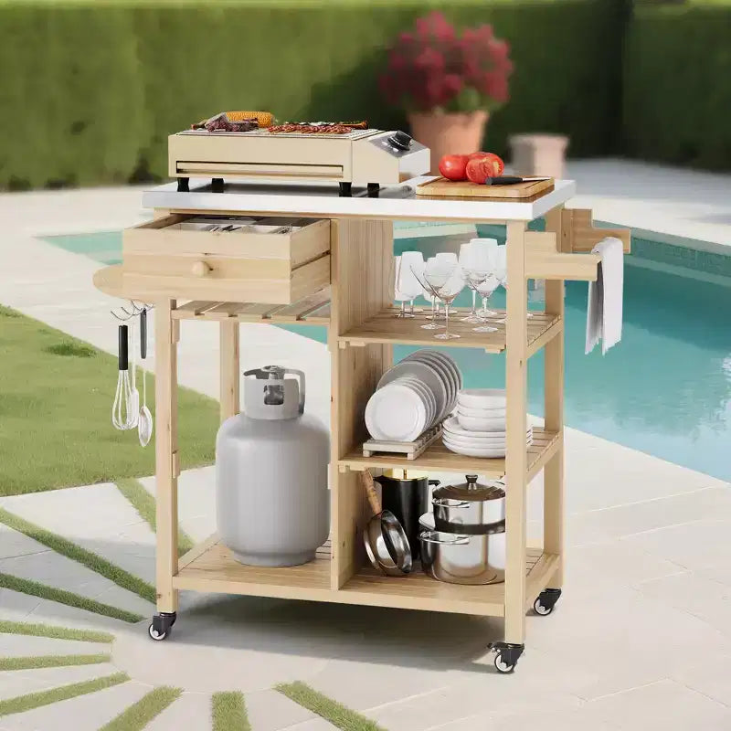 Chariot de service extérieur avec tiroir, porte-serviettes, étagères ouvertes, plateau en acier inoxydable, roues, îlot de cuisine roulant portable