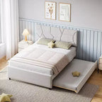 Acekool Upholstered Trundle Bed - Twin/Full Platform Frame with Pull-Out & Headboard