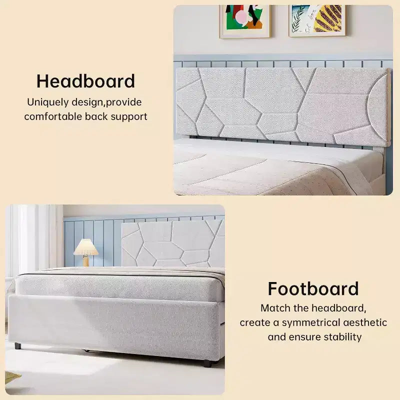 Acekool Upholstered Trundle Bed - Twin/Full Platform Frame with Pull-Out & Headboard