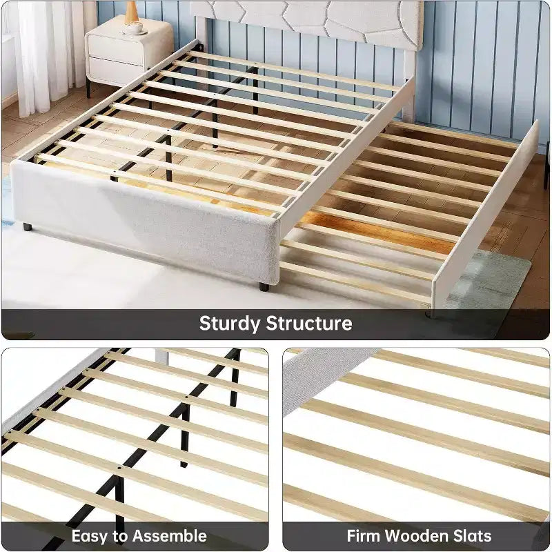 Acekool Upholstered Trundle Bed - Twin/Full Platform Frame with Pull-Out & Headboard