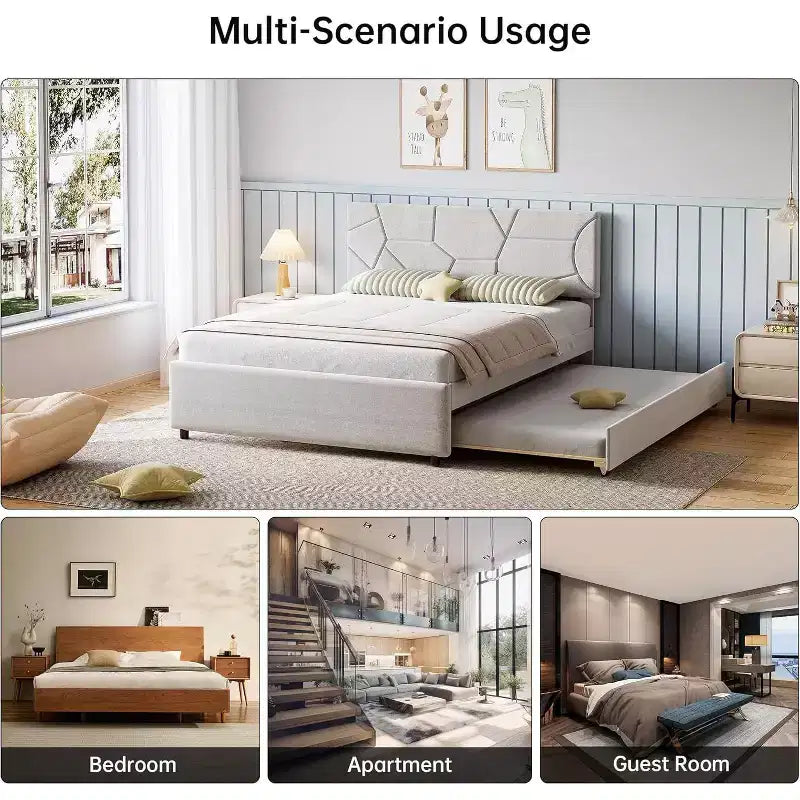 Acekool Upholstered Trundle Bed - Twin/Full Platform Frame with Pull-Out & Headboard