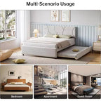 Acekool Upholstered Trundle Bed - Twin/Full Platform Frame with Pull-Out & Headboard