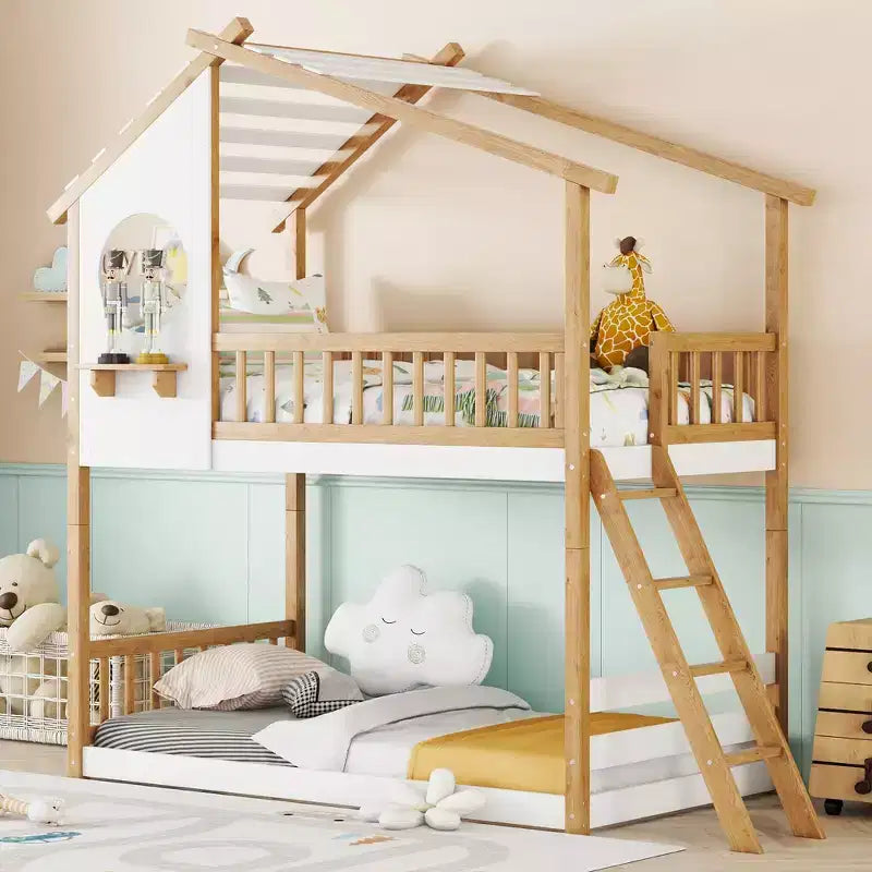 Wood Twin Over Twin Bunk Bed, House Bed with Roof and Window, Montessori Floor Bunk Bed Frame, Natural