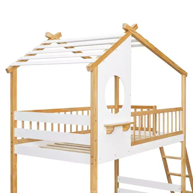 Wood Twin Over Twin Bunk Bed, House Bed with Roof and Window, Montessori Floor Bunk Bed Frame, Natural