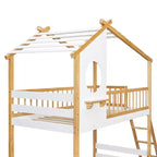Wood Twin Over Twin Bunk Bed, House Bed with Roof and Window, Montessori Floor Bunk Bed Frame, Natural