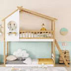Wood Twin Over Twin Bunk Bed, House Bed with Roof and Window, Montessori Floor Bunk Bed Frame, Natural