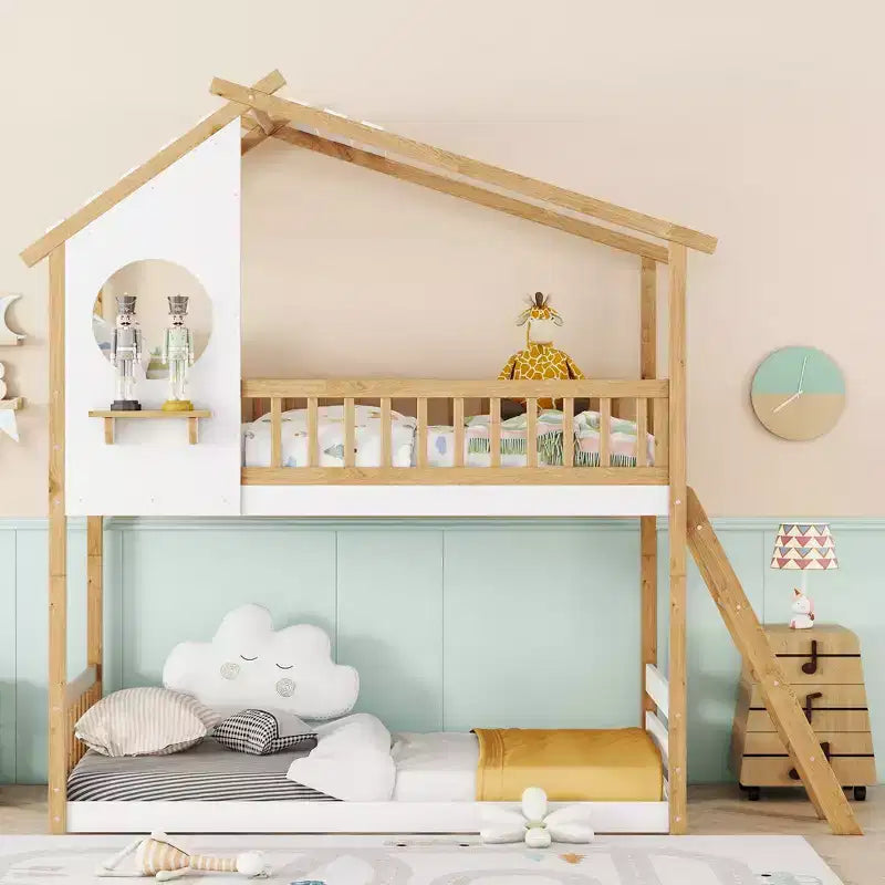 Wood Twin Over Twin Bunk Bed, House Bed with Roof and Window, Montessori Floor Bunk Bed Frame, Natural