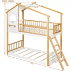 Wood Twin Over Twin Bunk Bed, House Bed with Roof and Window, Montessori Floor Bunk Bed Frame, Natural