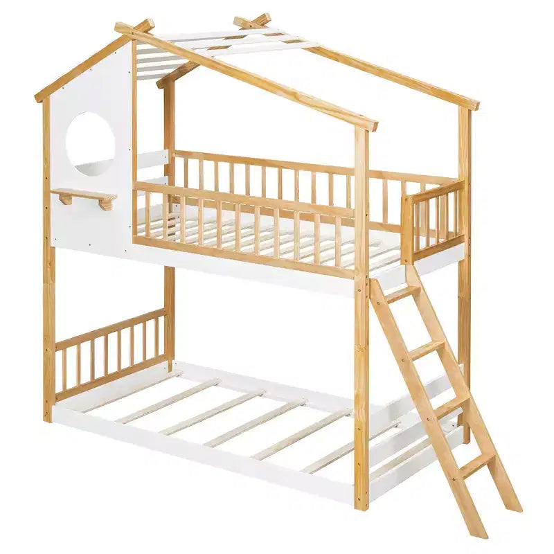 Wood Twin Over Twin Bunk Bed, House Bed with Roof and Window, Montessori Floor Bunk Bed Frame, Natural