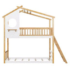 Wood Twin Over Twin Bunk Bed, House Bed with Roof and Window, Montessori Floor Bunk Bed Frame, Natural