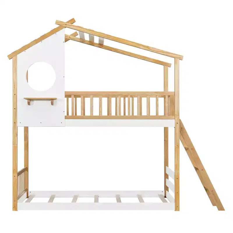 Wood Twin Over Twin Bunk Bed, House Bed with Roof and Window, Montessori Floor Bunk Bed Frame, Natural