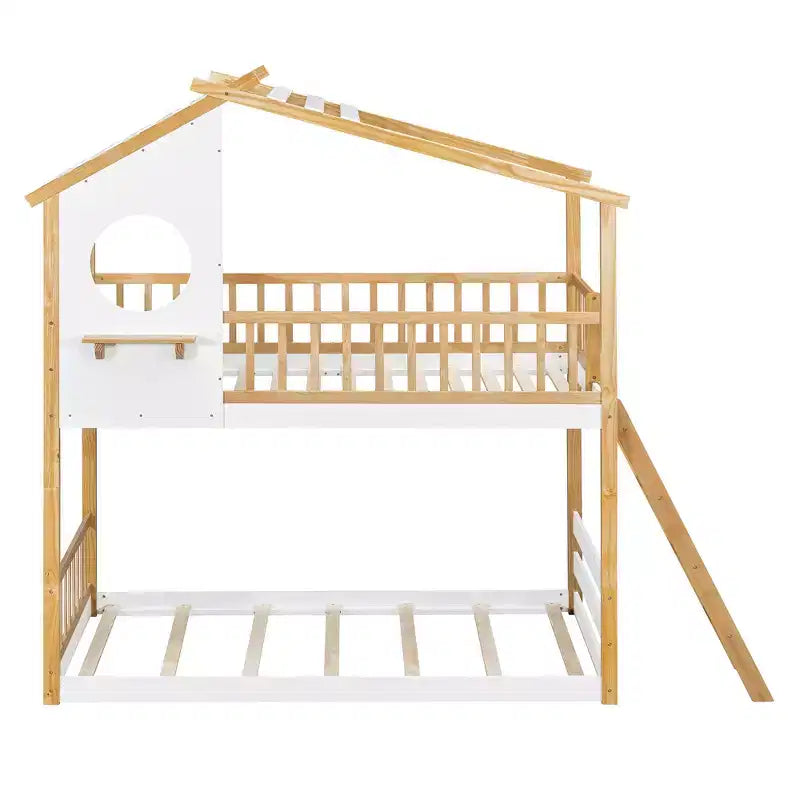 Wood Twin Over Twin Bunk Bed, House Bed with Roof and Window, Montessori Floor Bunk Bed Frame, Natural