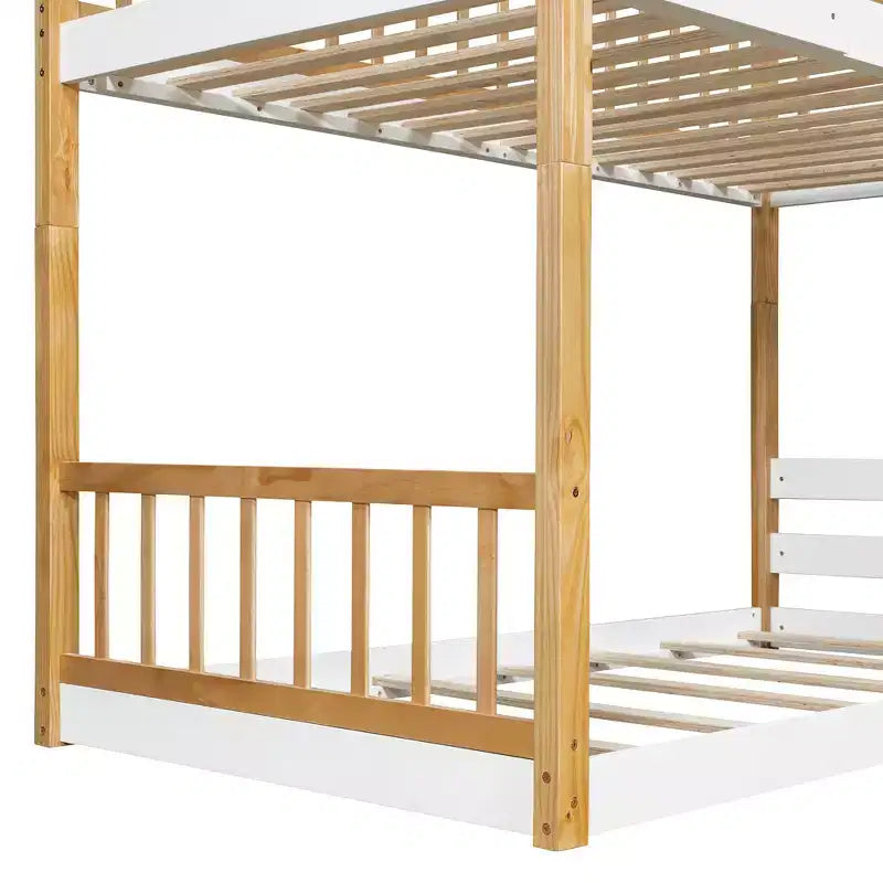 Wood Twin Over Twin Bunk Bed, House Bed with Roof and Window, Montessori Floor Bunk Bed Frame, Natural