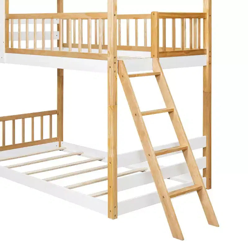 Wood Twin Over Twin Bunk Bed, House Bed with Roof and Window, Montessori Floor Bunk Bed Frame, Natural