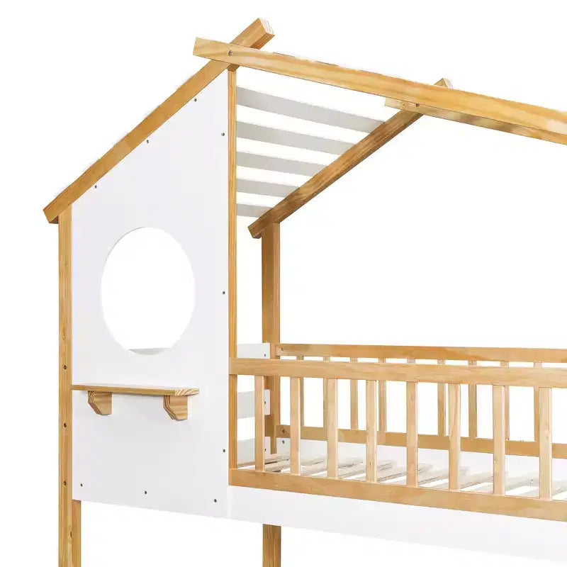 Wood Twin Over Twin Bunk Bed, House Bed with Roof and Window, Montessori Floor Bunk Bed Frame, Natural