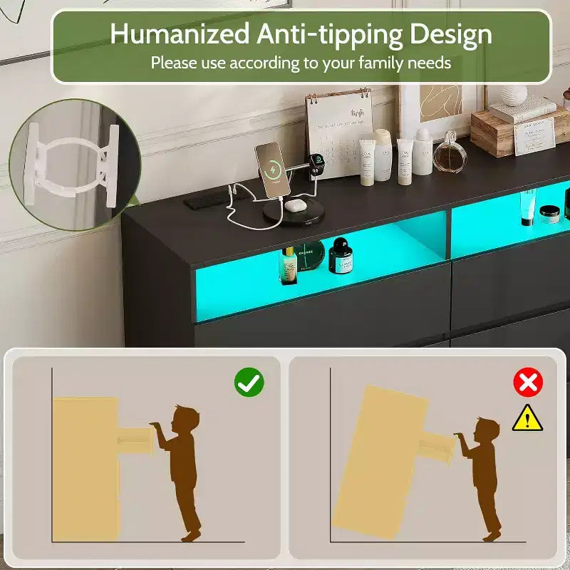 Commode Dyonery à 6 tiroirs pour chambre à coucher avec lumière LED