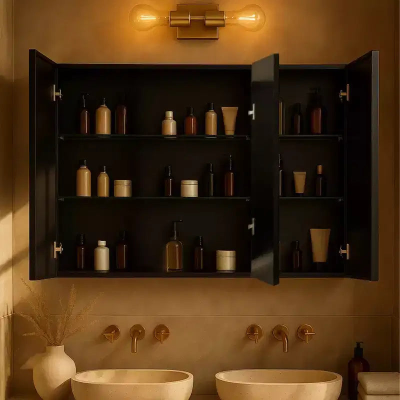 TEHOME Triple Door Bathroom Medicine Cabinet with Mirror, Black Metal Frame, Soft Close, Adjustable Glass Shelves, Surface & Recessed Mounted
