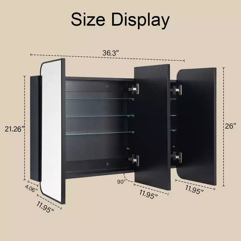 TEHOME Triple Door Bathroom Medicine Cabinet with Mirror, Black Metal Frame, Soft Close, Adjustable Glass Shelves, Surface & Recessed Mounted