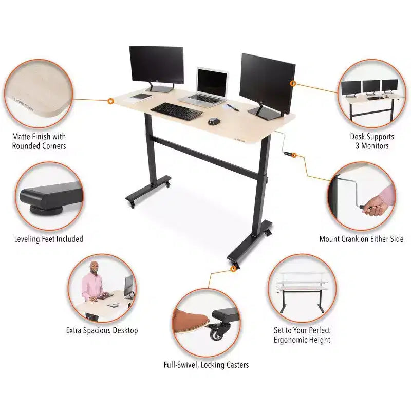 Stand Steady Tranzendesk | Bureau Debout de 55 Pouces | Poste de Travail Ergonomique Réglable en Hauteur par Manivelle | Prend en Charge 3 Écrans (Érable)