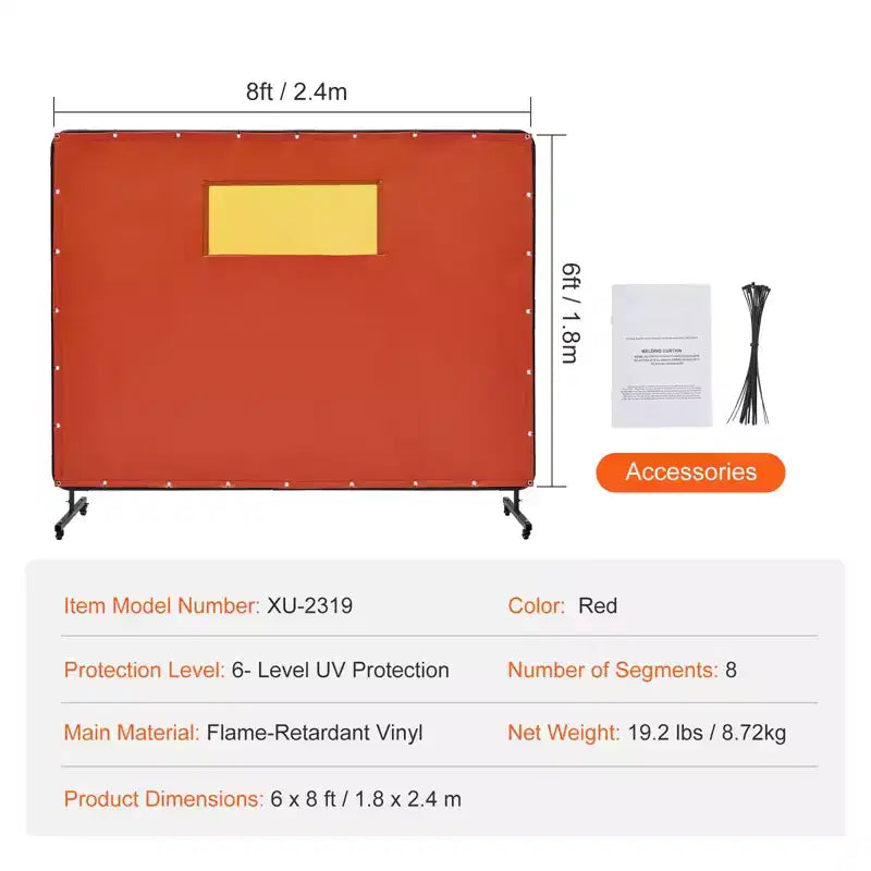 Écran de soudage VEVOR avec cadre, écrans de soudage de 1,8 x 2,4 m, écran de protection de soudage en vinyle ignifuge avec 4 roues pivotantes, rouge